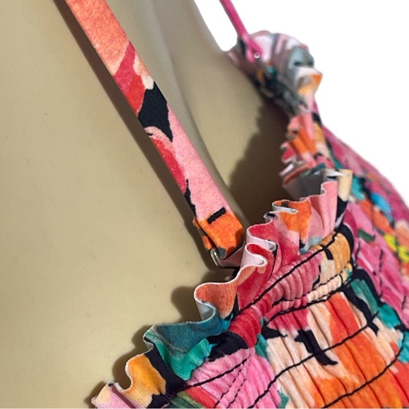 Floral Pink Smocked Bandeau Mid Rise Two Piece Bikini Set Adjustable Halter Top - Picture 9 of 15